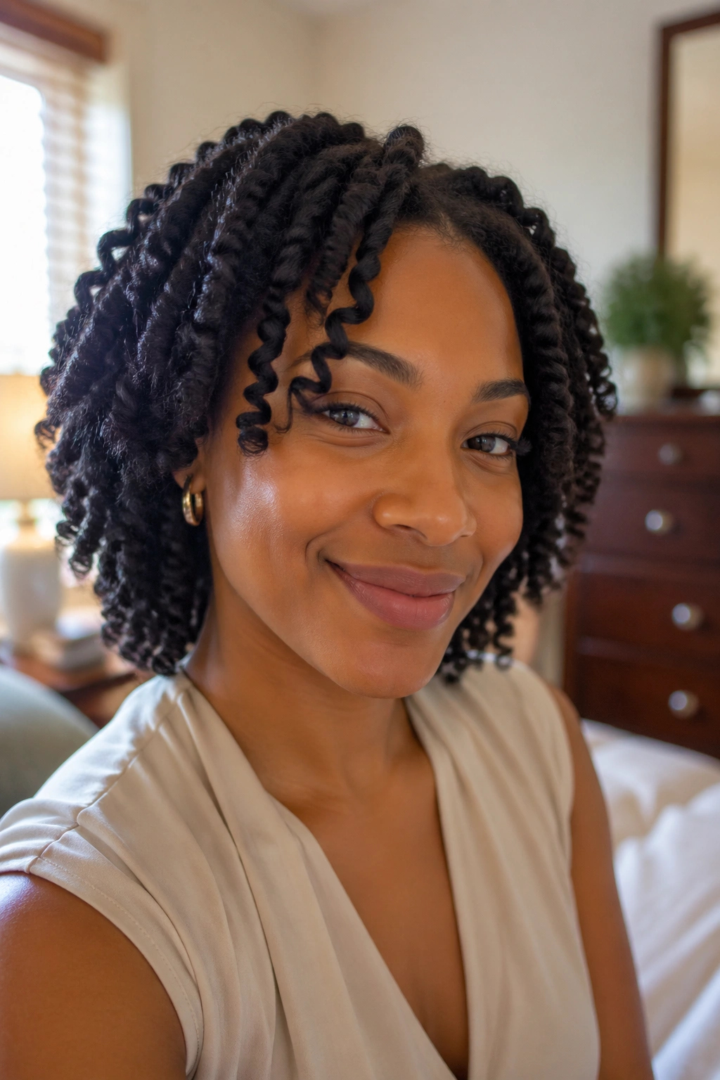 Close-up of a person with a twist-out style ready for work in a bedroom