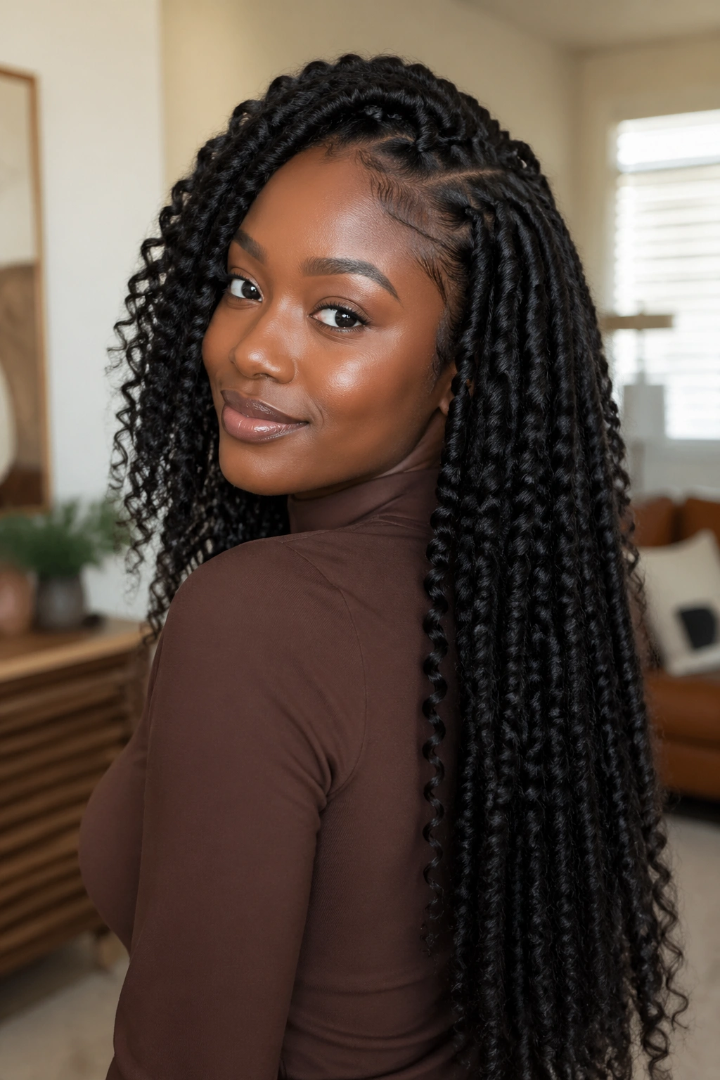 Close-up of a woman with long twist-out defined twists.