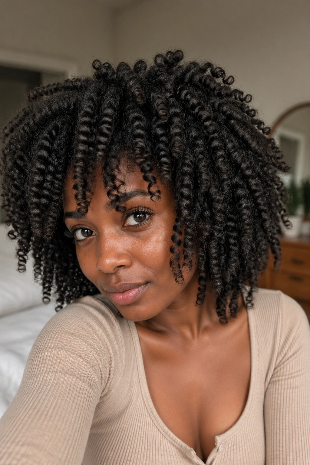 Close-up of a Black woman with two-strand twist-out hairstyle under natural light