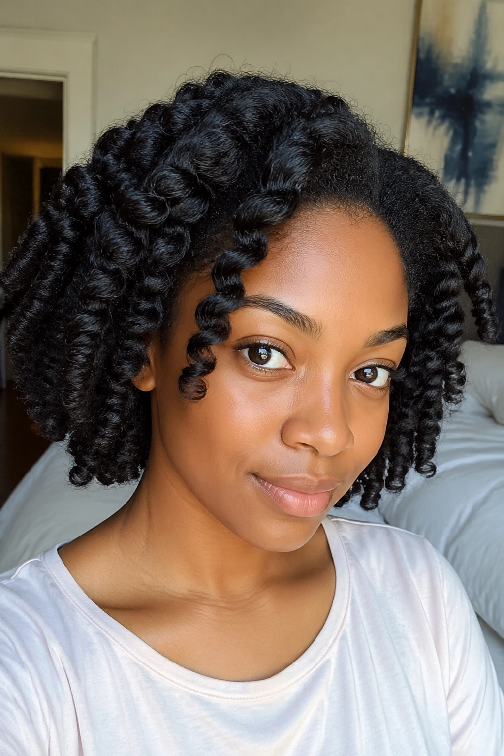 Close-up of a real person with a single overnight twist-out wave look