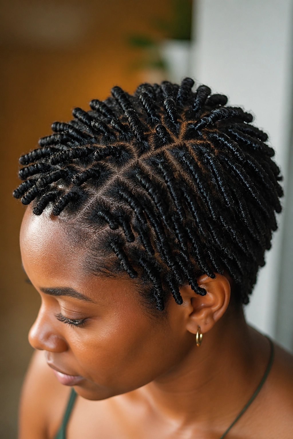 Close-up of a short twist-out with a defined geometric pattern radiating from the crown.