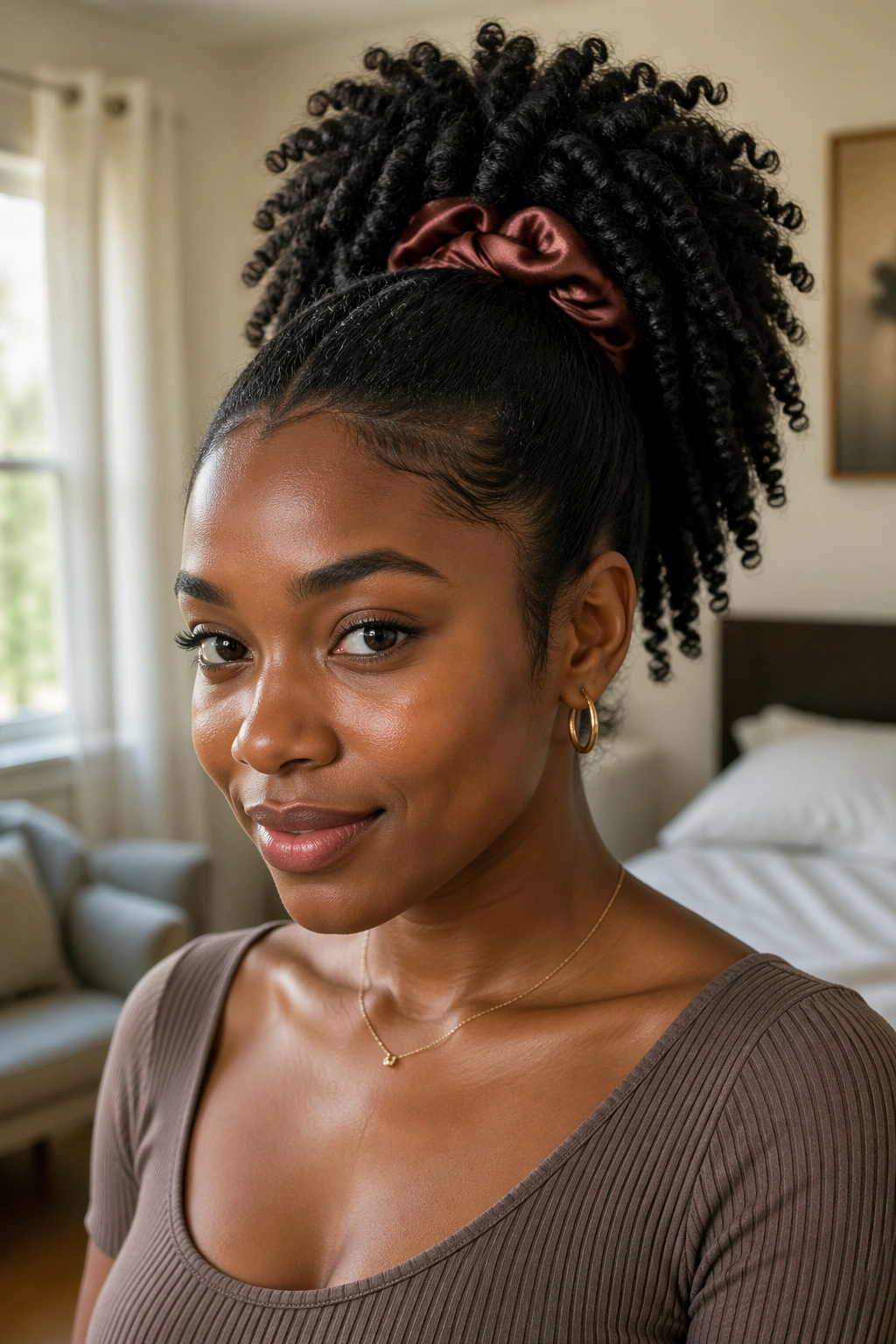 Real woman with twist-out ponytail showing defined coils and satin scrunchie