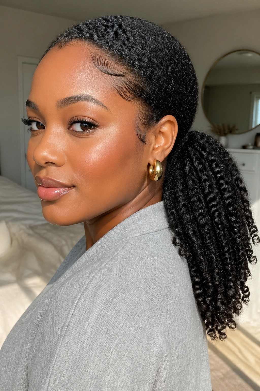 Close-up of a real woman with twist-out texture in a low ponytail