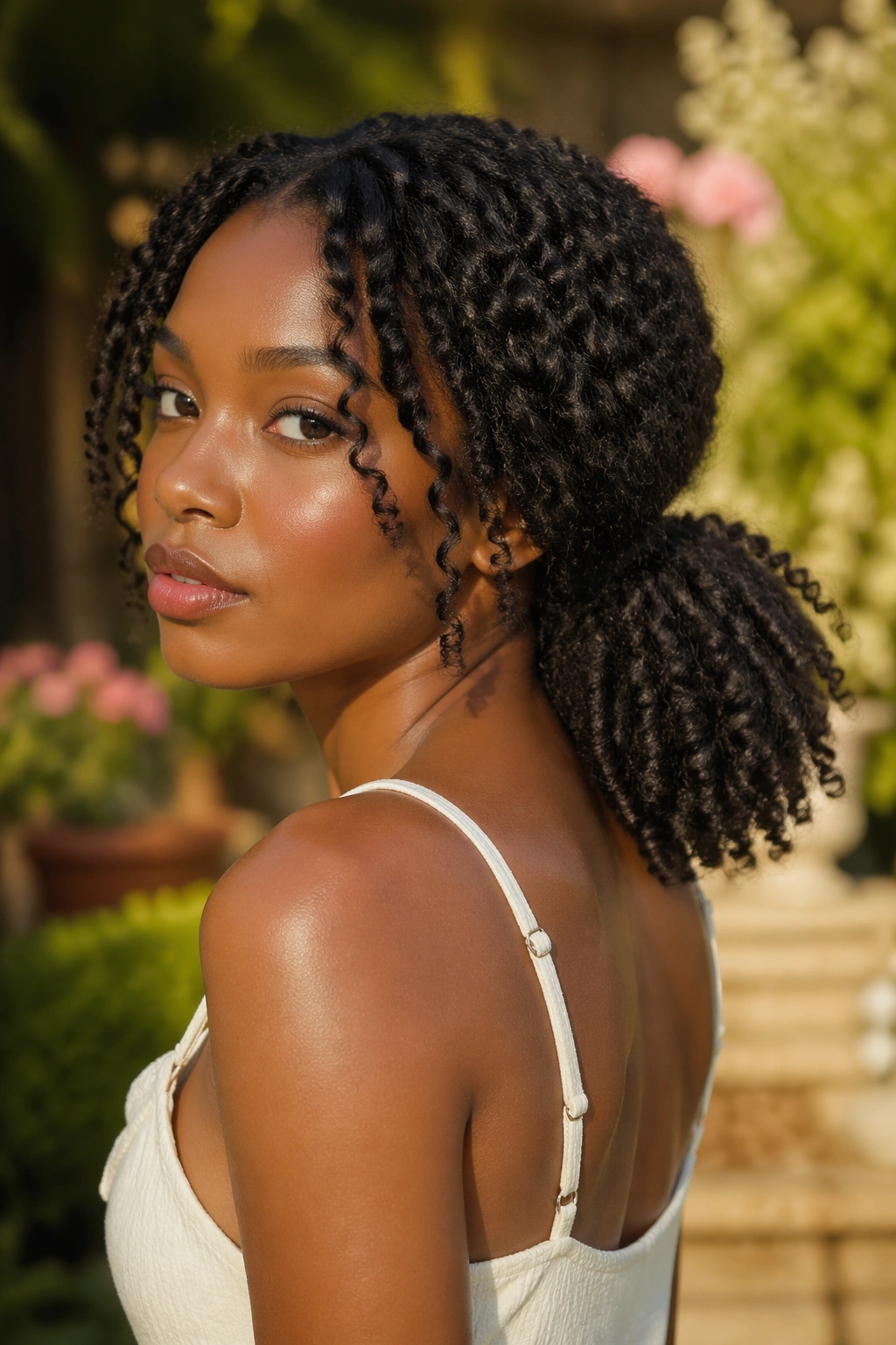 Twist-out low ponytail with defined coils outdoors.