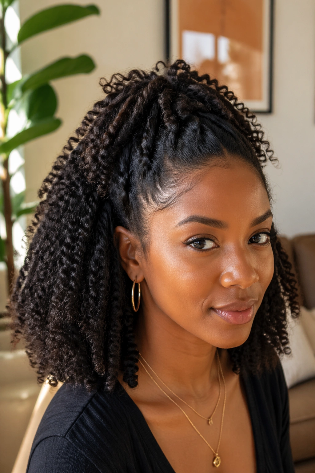 Close-up of a real Black woman with twist-out half up ponytail