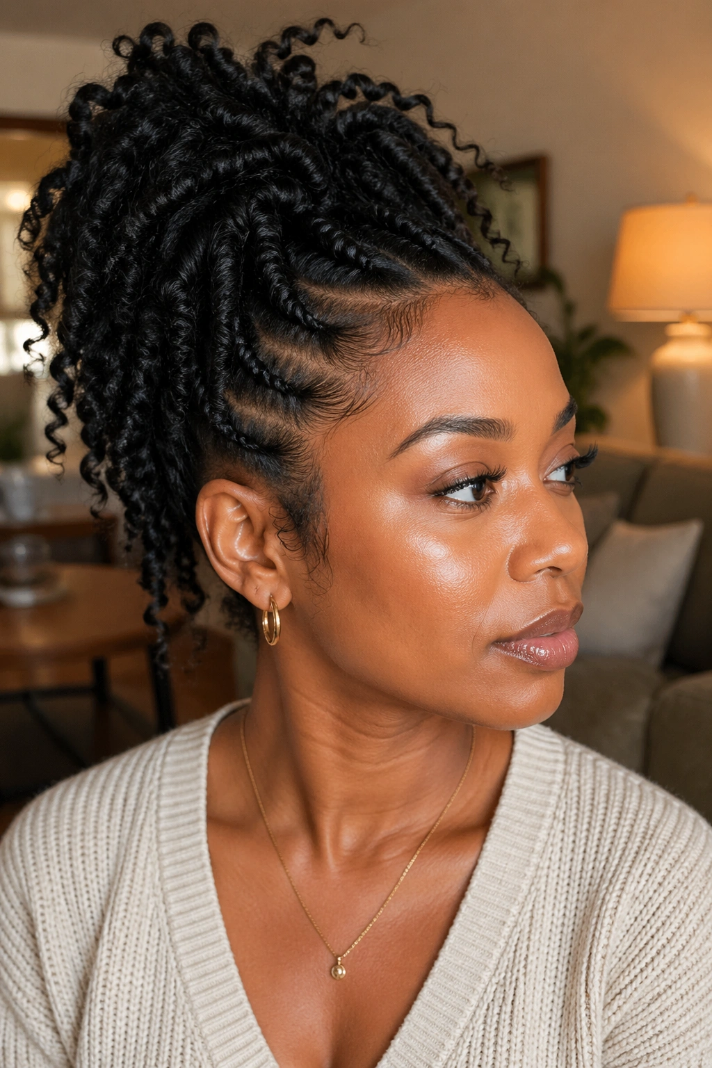 Close-up of a real woman with twist-out high ponytail in warm indoor lighting.
