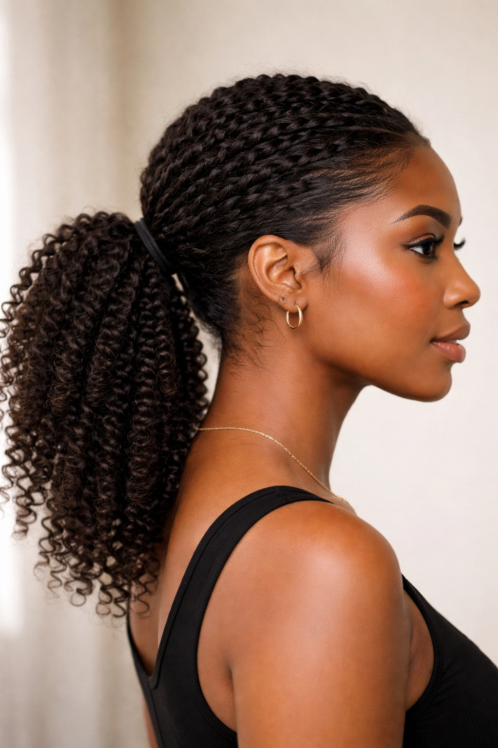 Side view of twist-out texture pulled into a low ponytail with curl at the crown