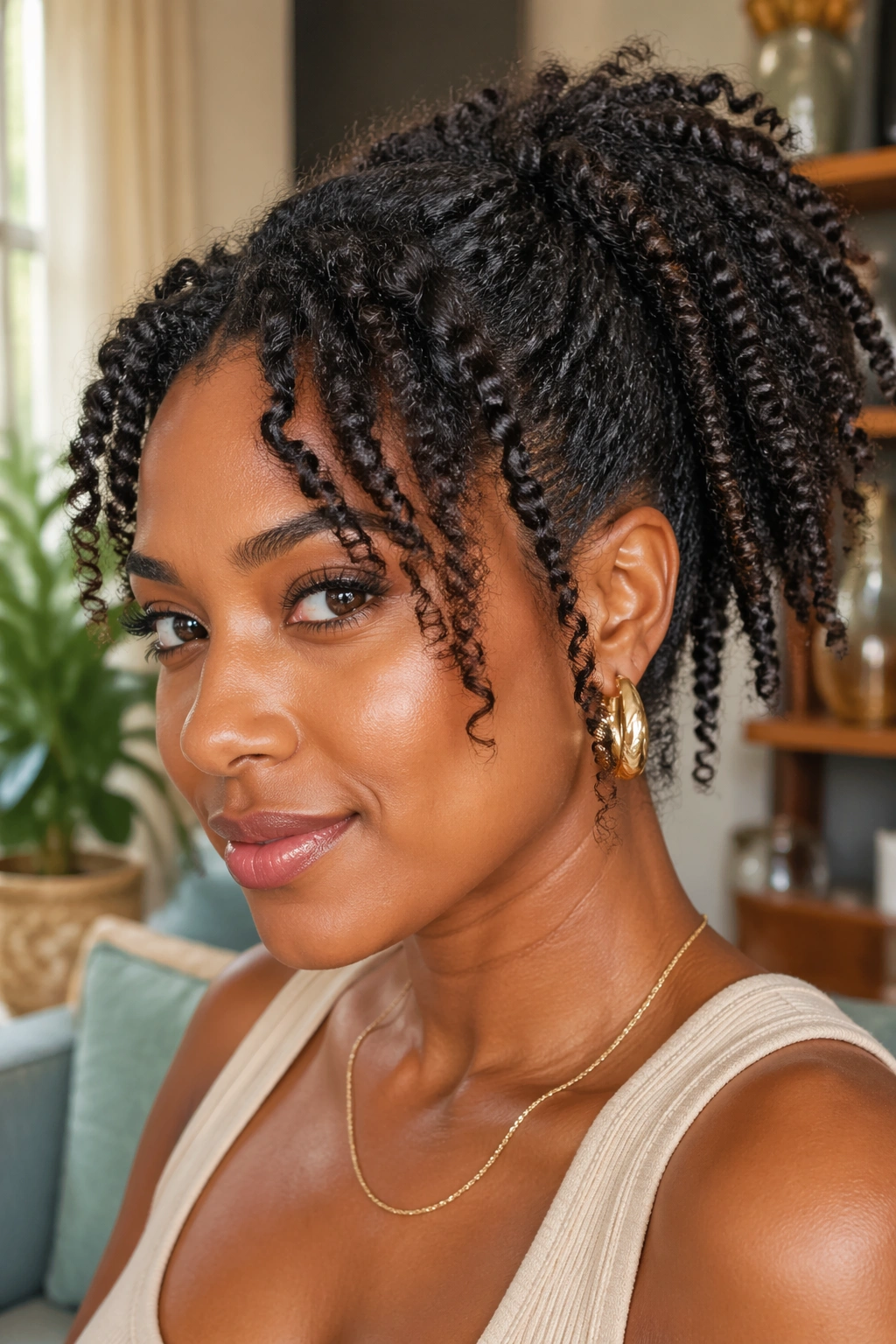 Real woman with twist-out ponytail in sunlit setting