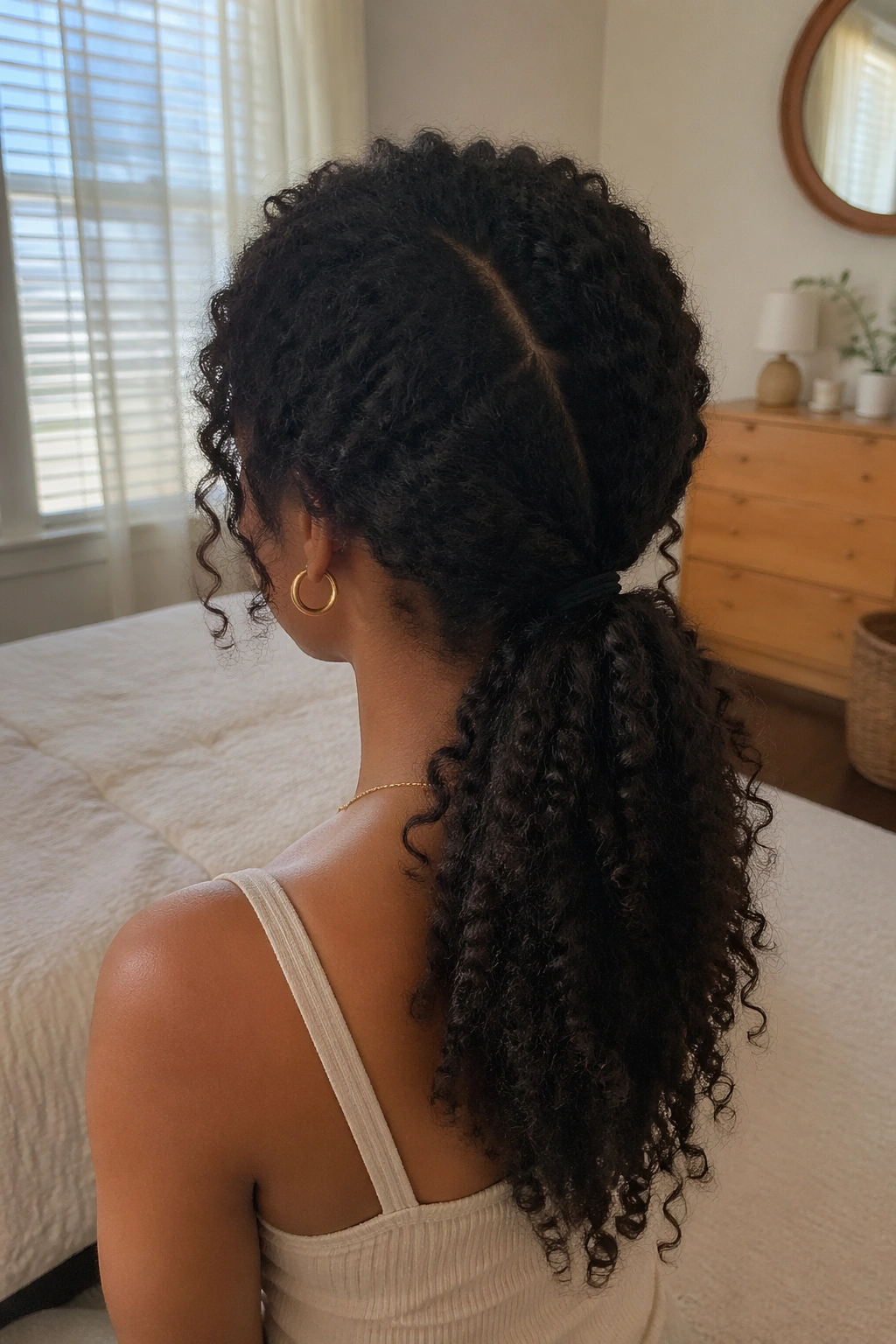 Back view of twist-out low V part ponytail showing texture in a softly lit room.