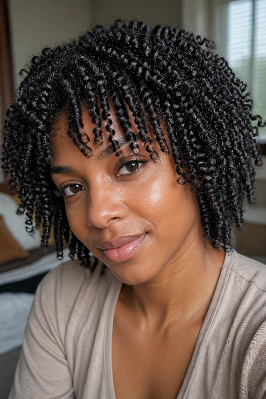 Close-up of a real person's glossy twist-out indicating product influence