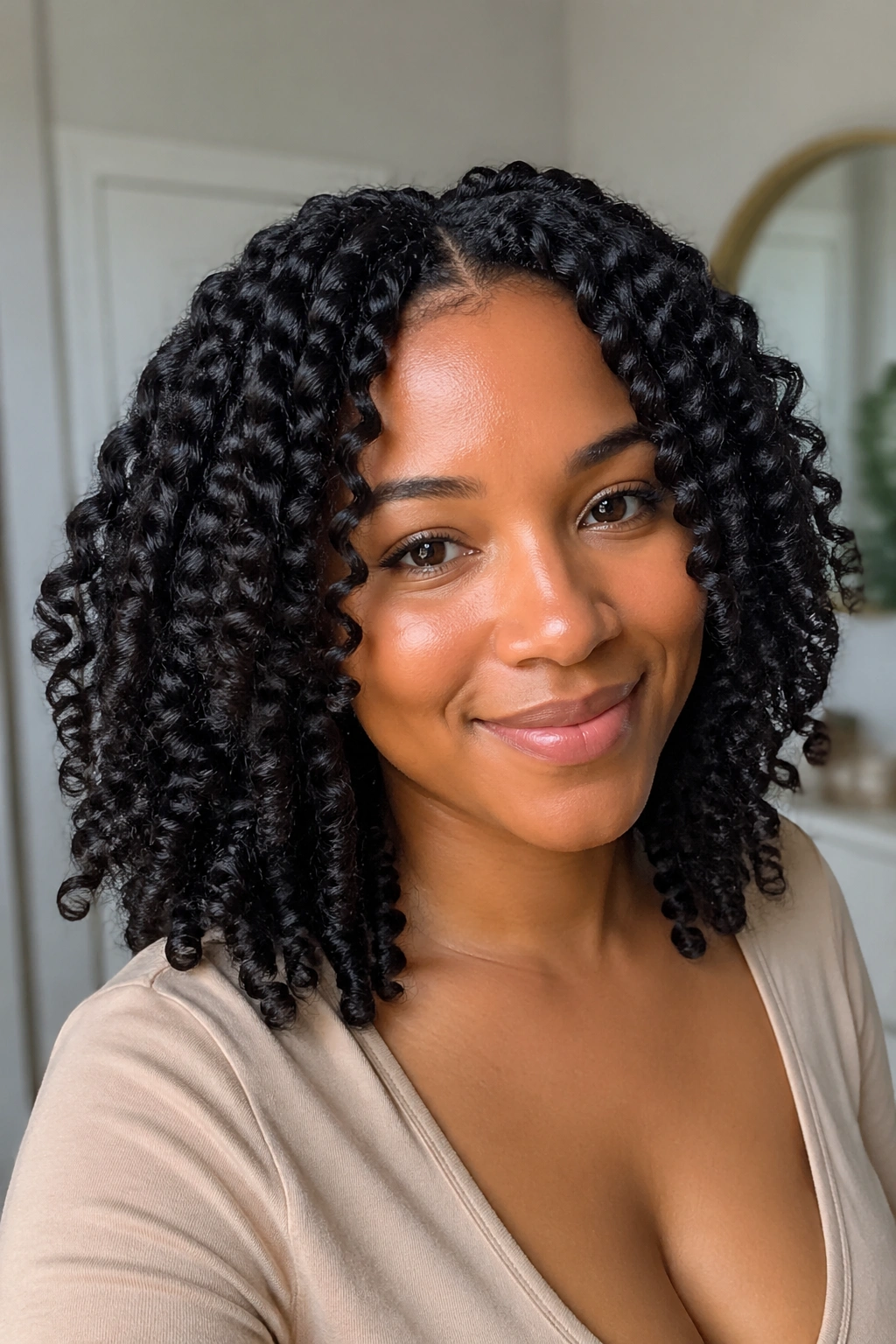 Real person with medium twist-out hairstyle in natural light