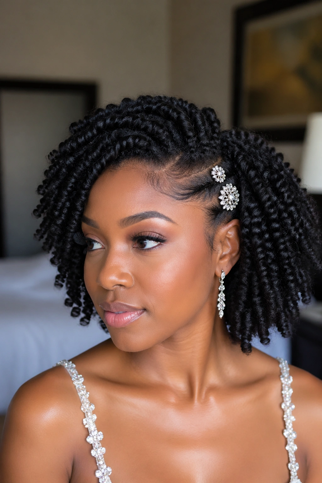 Close-up of real woman with a defined twist-out hairstyle and subtle jeweled pins.
