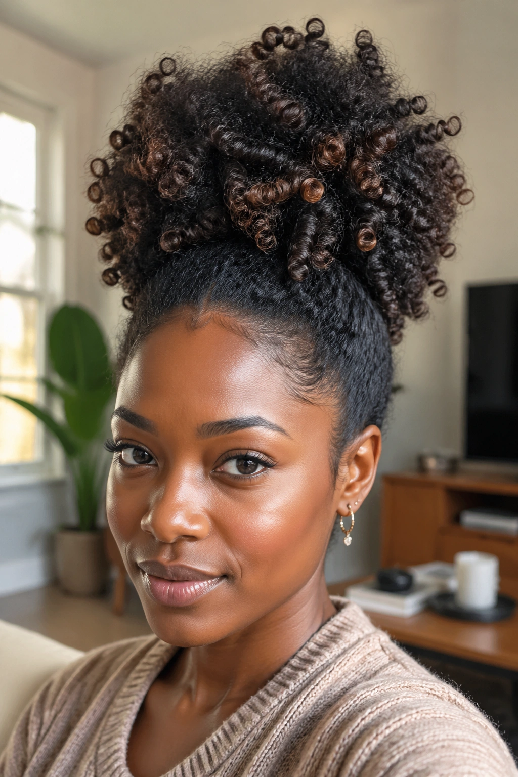 Portrait of a woman with twist-out waves in a high puff