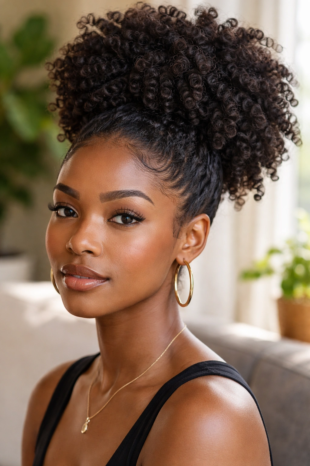 Close-up of a real woman with a chunky puff showing twist-out texture