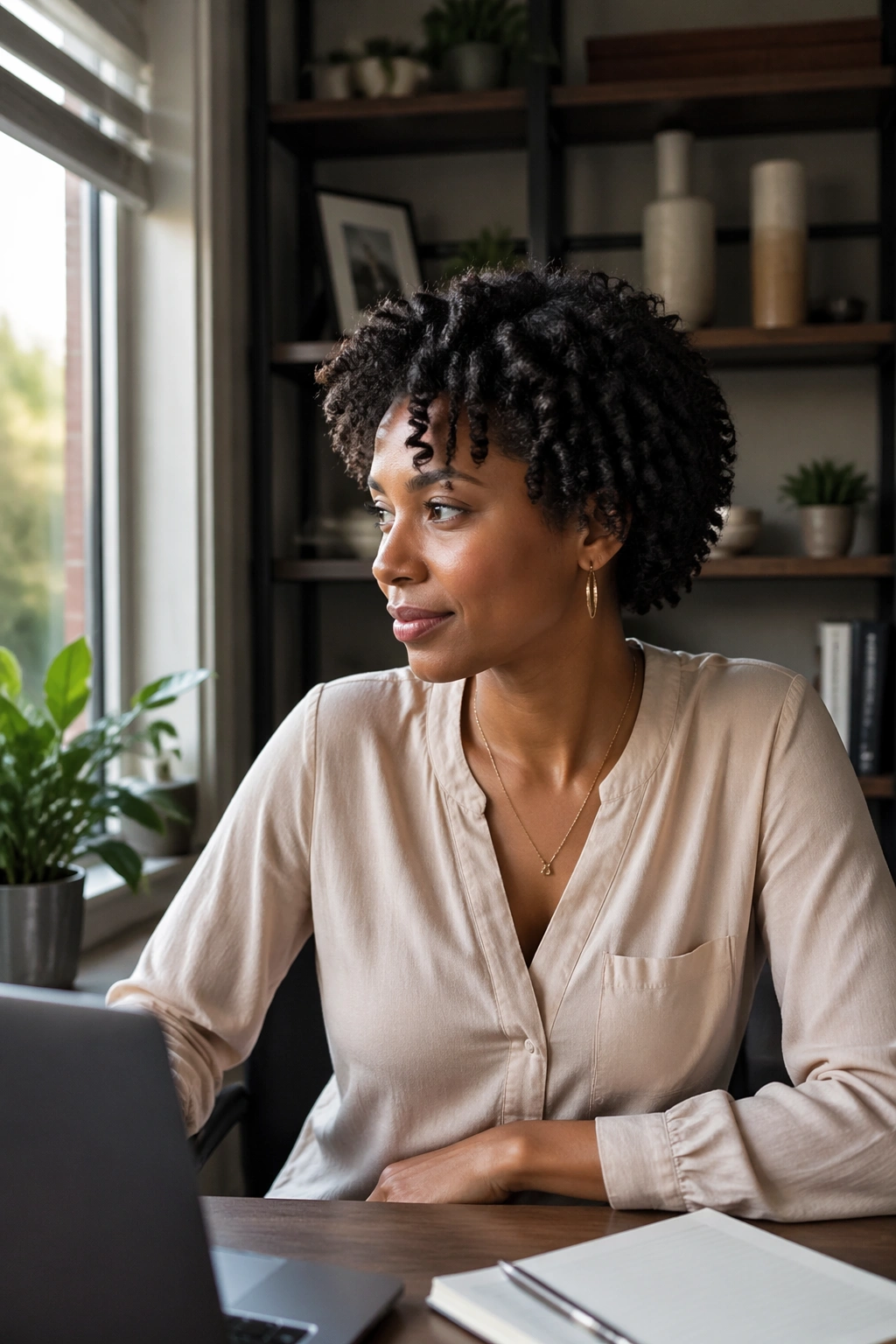 Short curly twist-out hairstyle in a cozy home office setting.