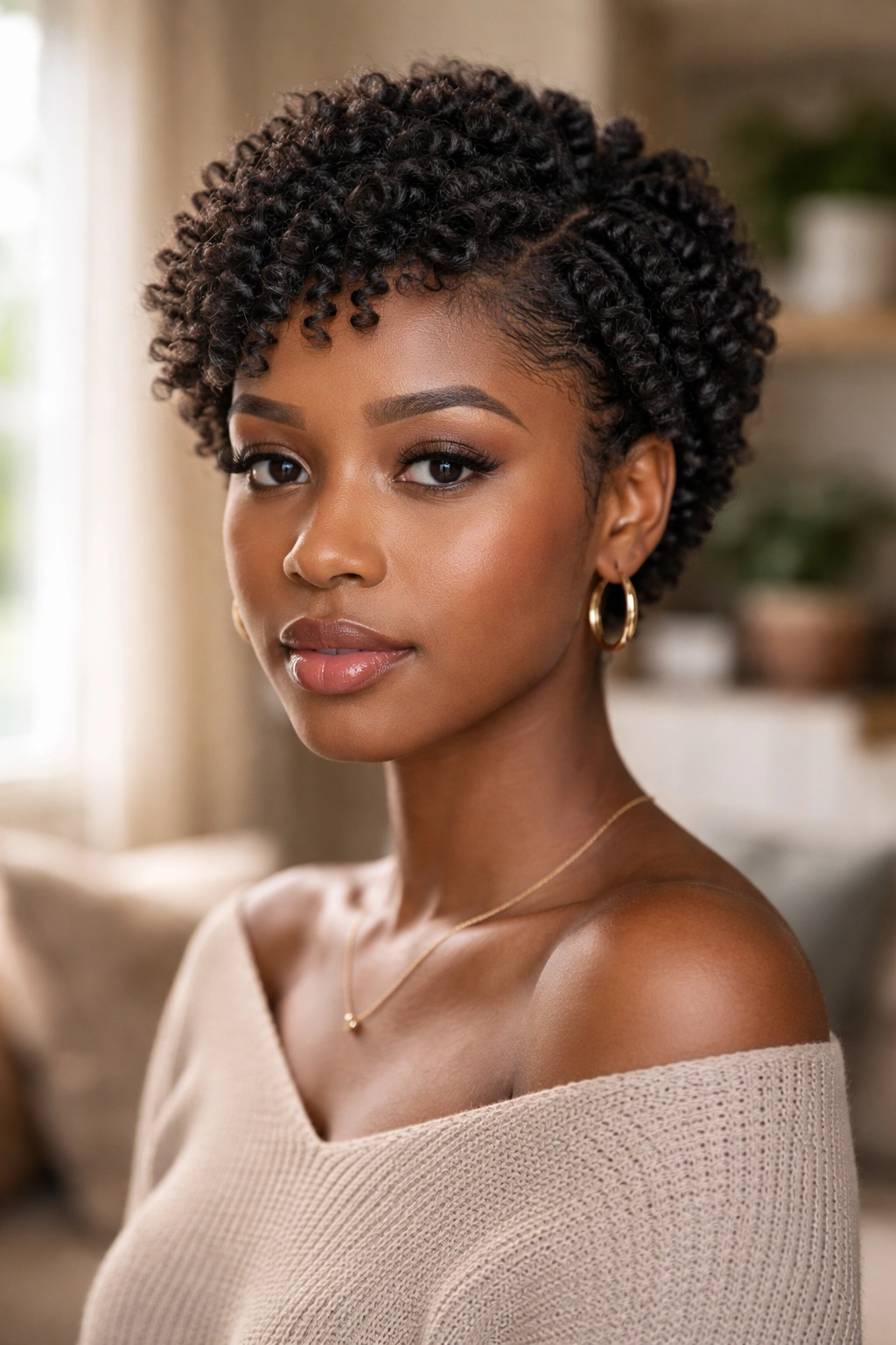 Close-up of a real woman with defined twist-out on short 4C hair.