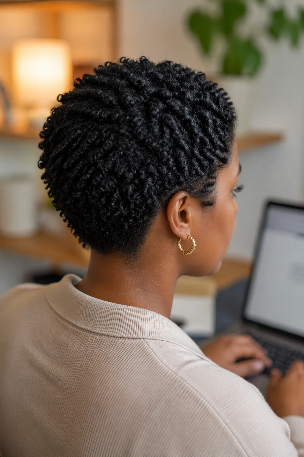 Twist-out texture on short natural hair at desk