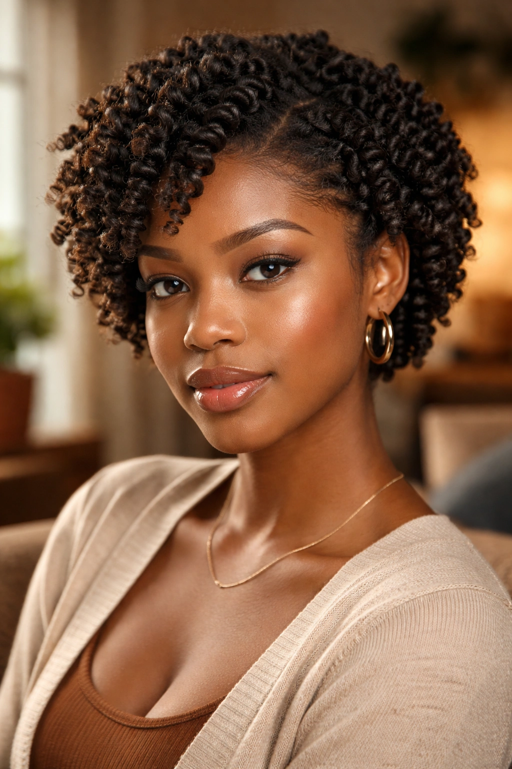 Close-up of a real woman with defined twist-out waves on short natural hair