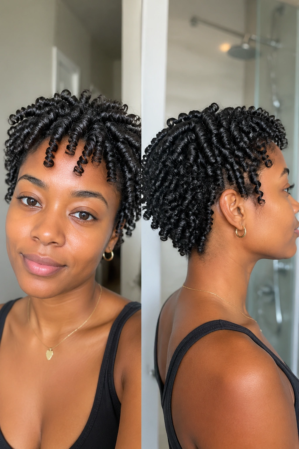 Medium close-up of Jerry curl-inspired two-strand twist out on short natural hair with defined twists