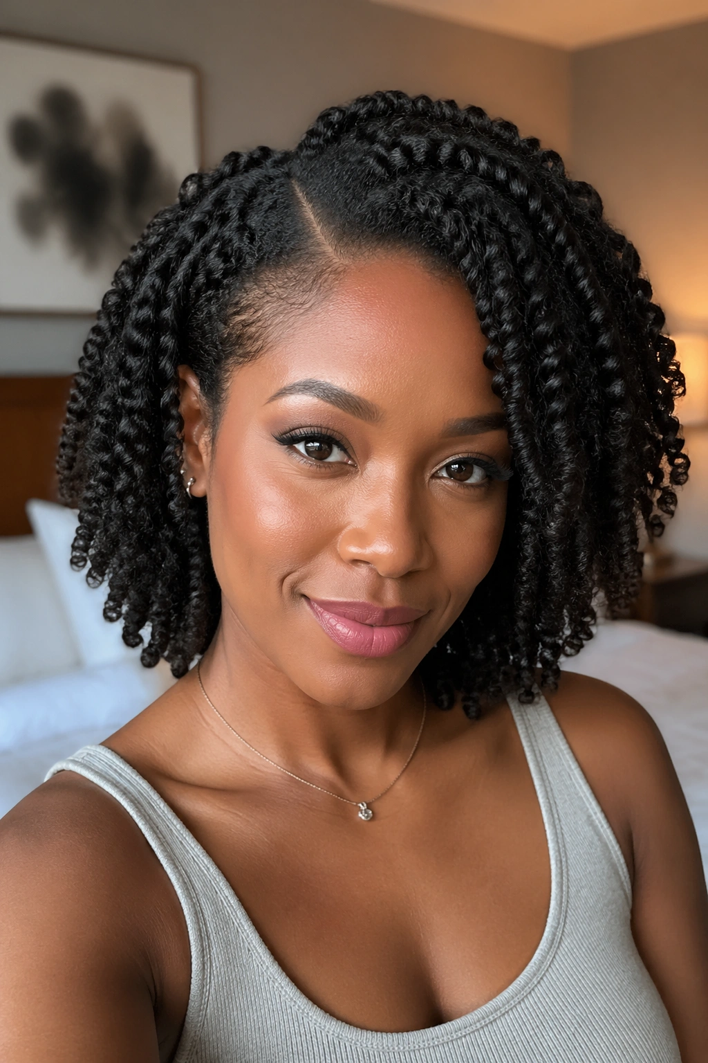 Close-up of a real woman with a defined twist-out and a deep side part, hair framing the face in warm window light.