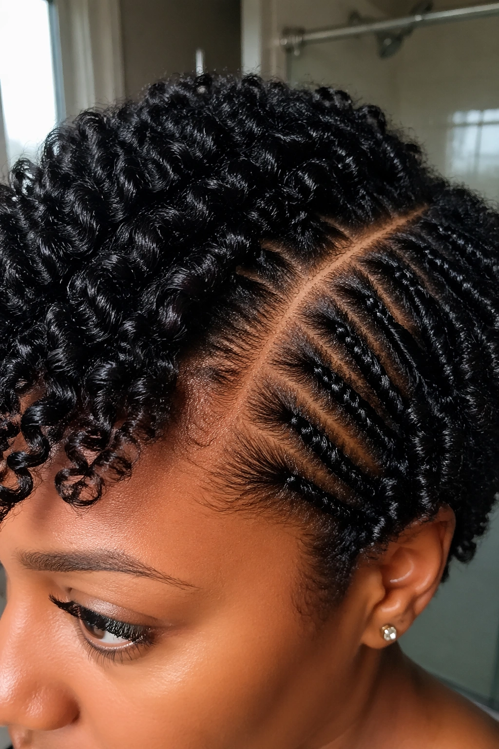 Close-up of side-part mini twist out with tiny twists on short hair in bathroom mirror light
