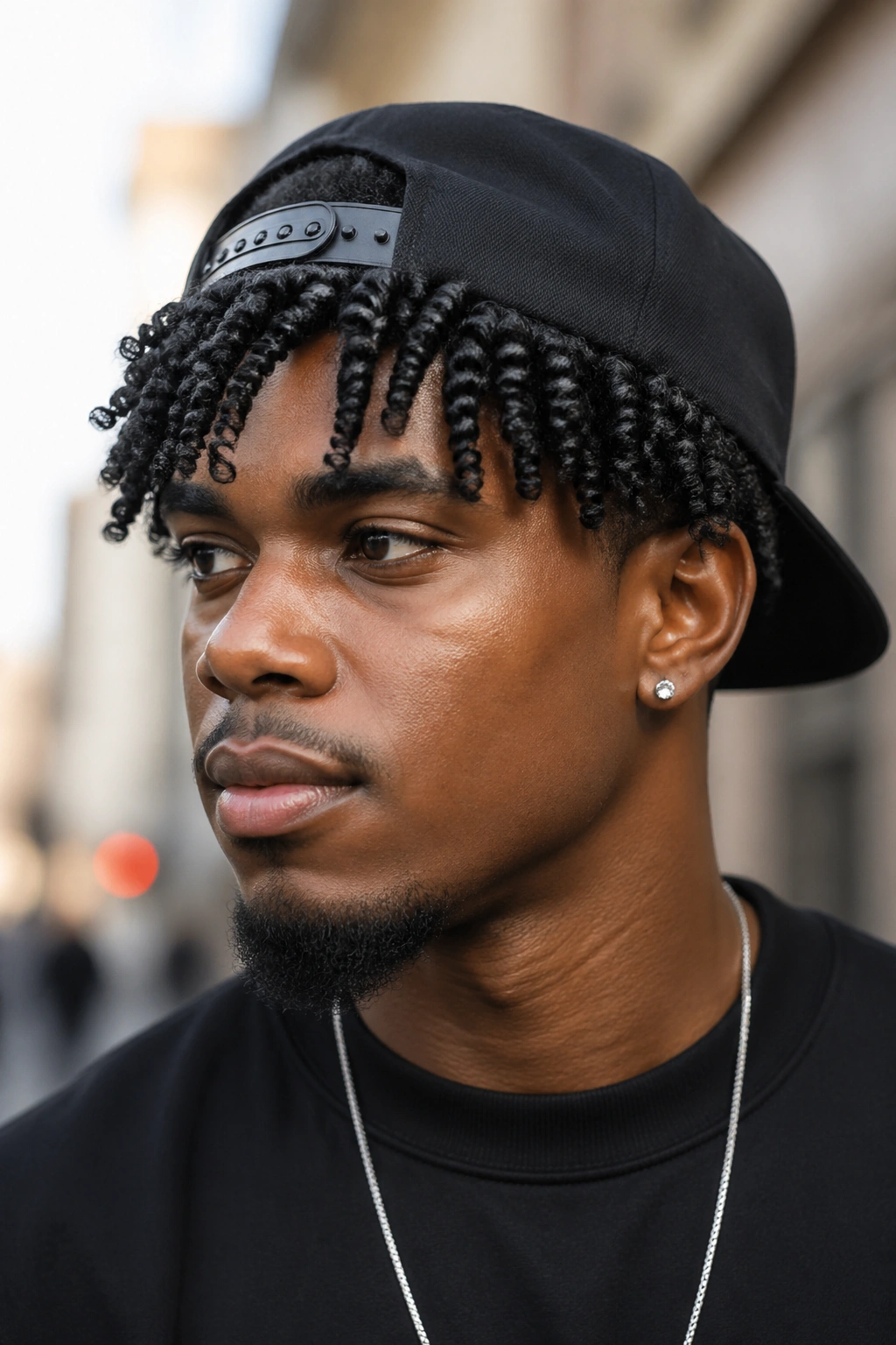 Portrait of a real person with two-strand twists and a snapback cap.