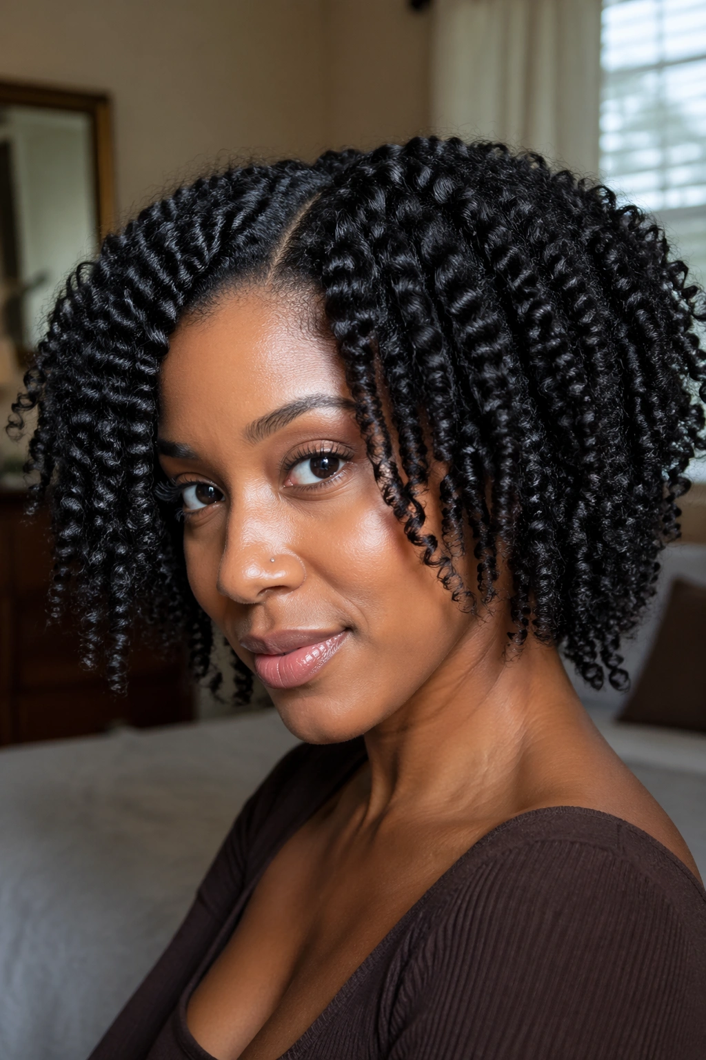 Close-up of a Black woman with a twist-out on stretched hair