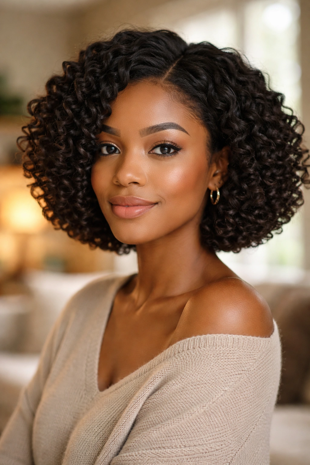 Close-up portrait of a real woman with twist-out textured chin-length bob in a cozy living room.
