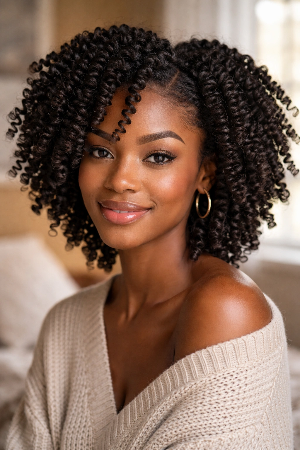 Close-up of real person with twist-out curls showing springy defined coils