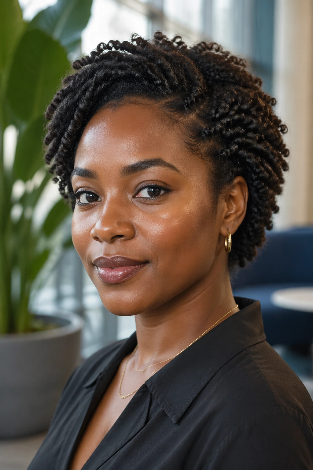 Portrait of a woman with a twist-out and tucked ends in an office setting