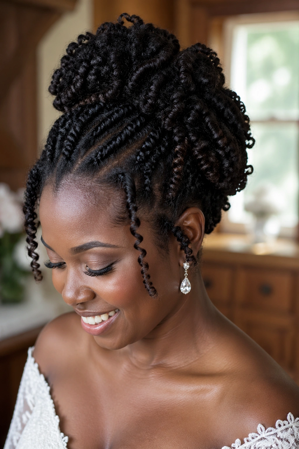 Close-up of a bride with twist-out updo in a softly lit bridal suite