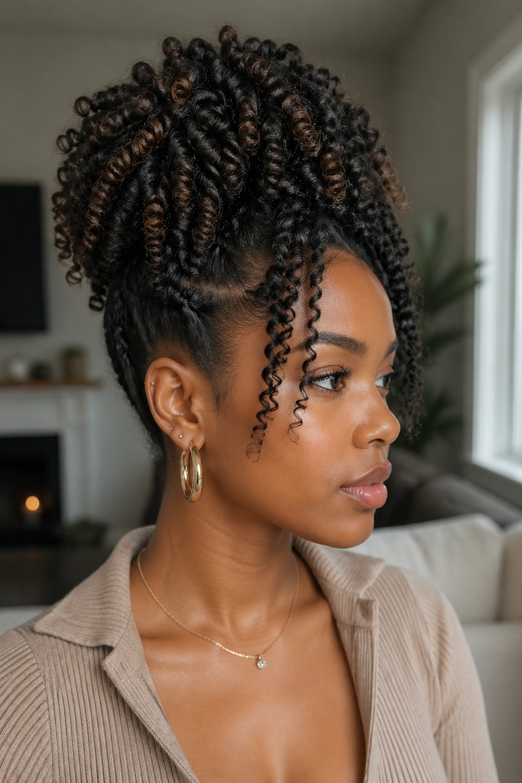 Portrait of a woman with a twist-out gathered into an updo showing defined twist sections