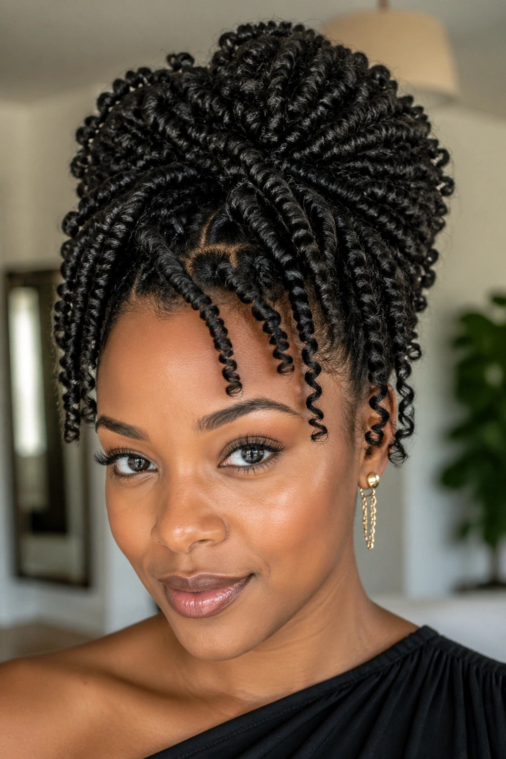 Close-up of a woman with a defined twist-out updo showing textured curls.