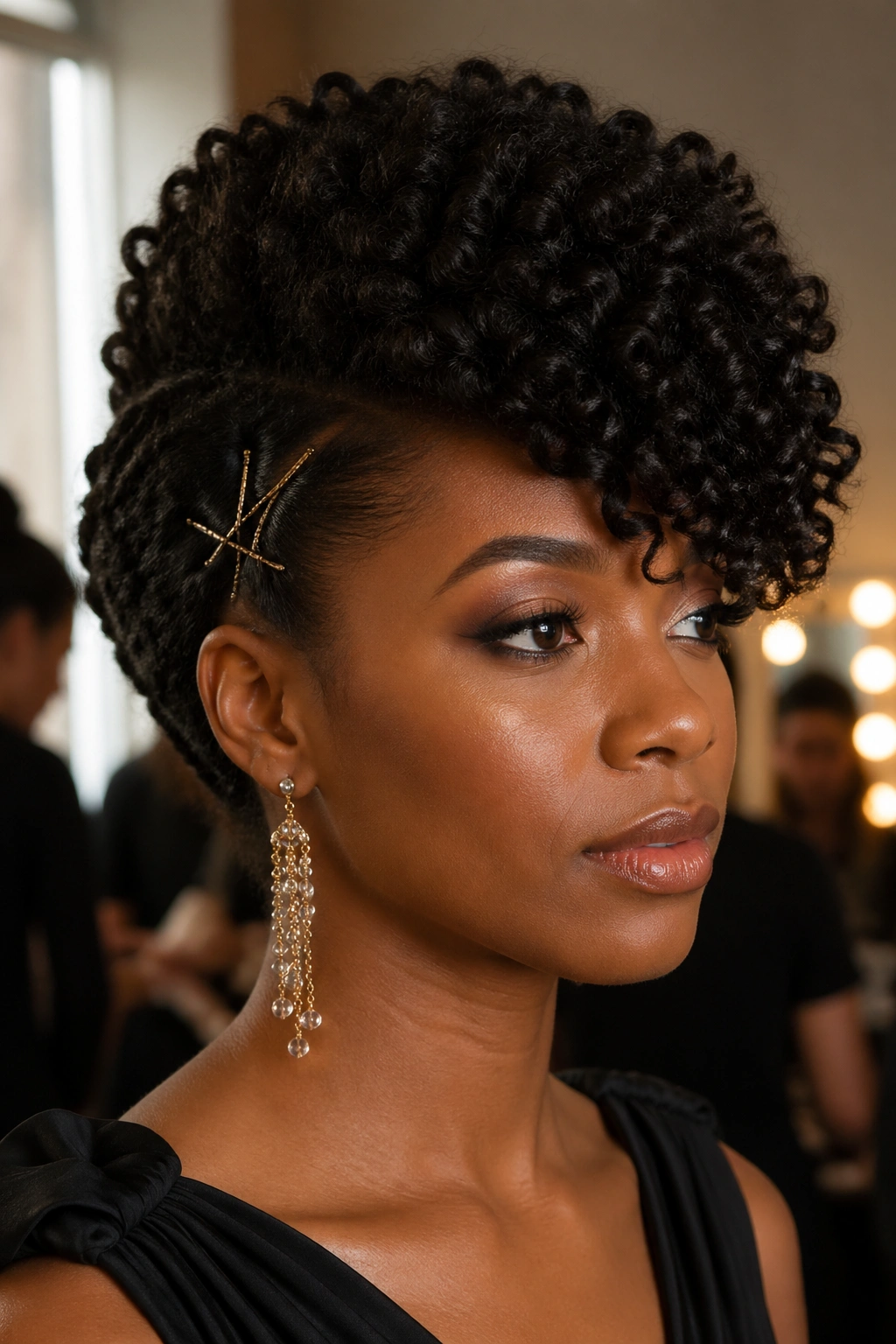 Close-up of Side-Swept Twist-Out Updo on a real woman, hair swept to one side with visible twist-out texture.
