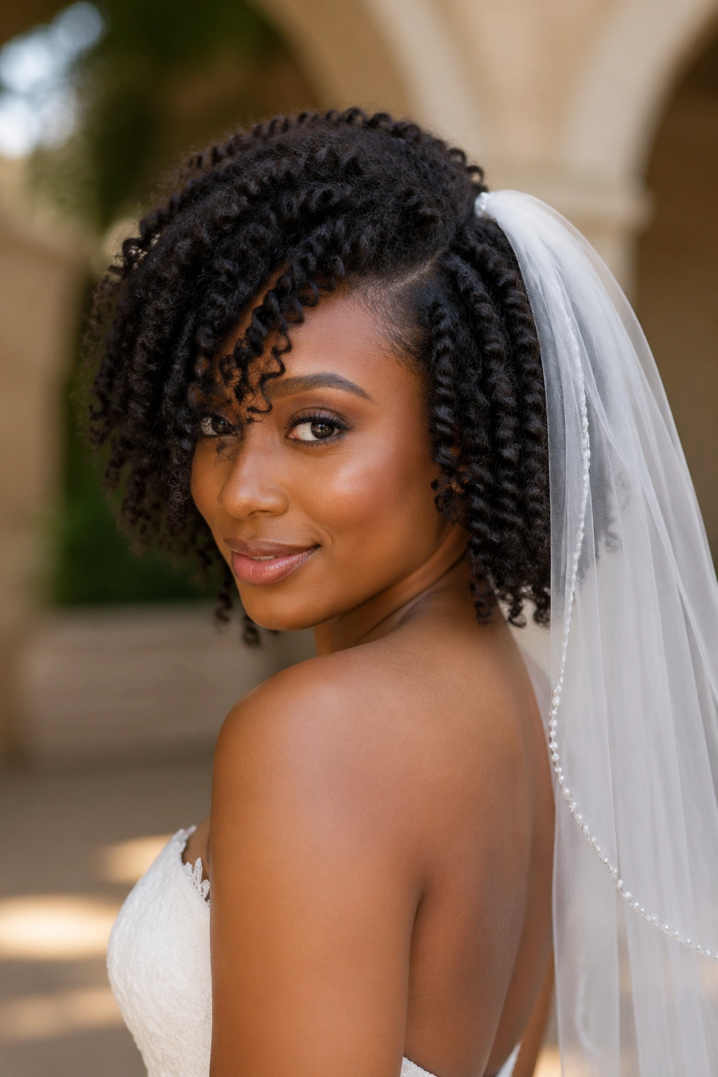 Bride with twist-out curls and fingertip veil in garden light