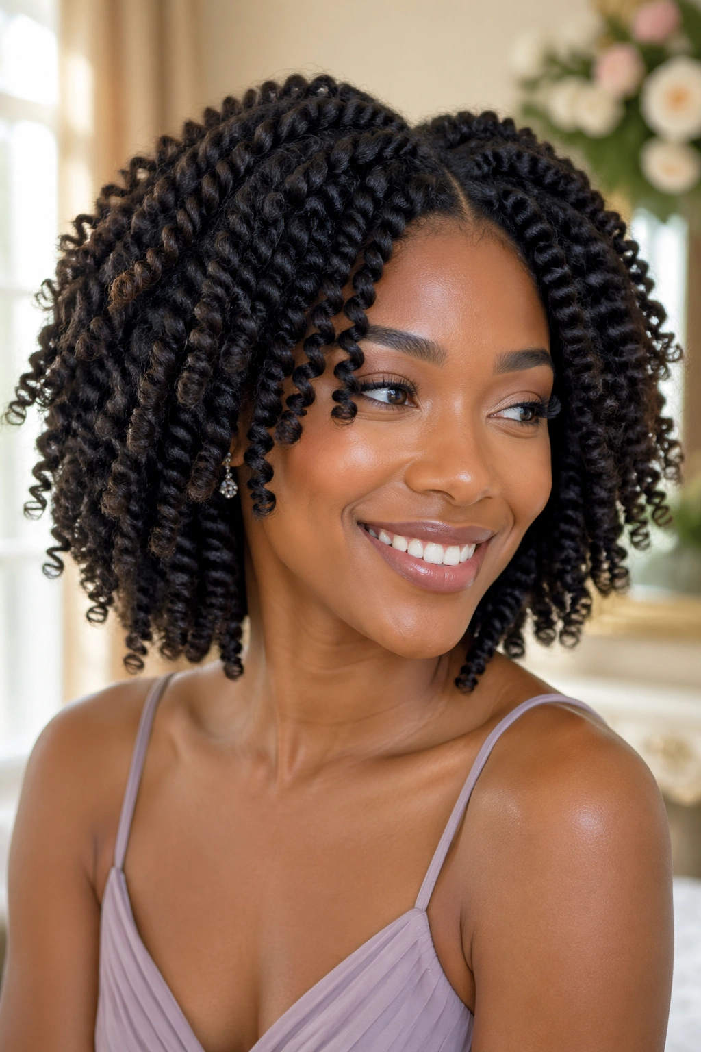 Close-up of a real woman with a voluminous twist-out for bridesmaids