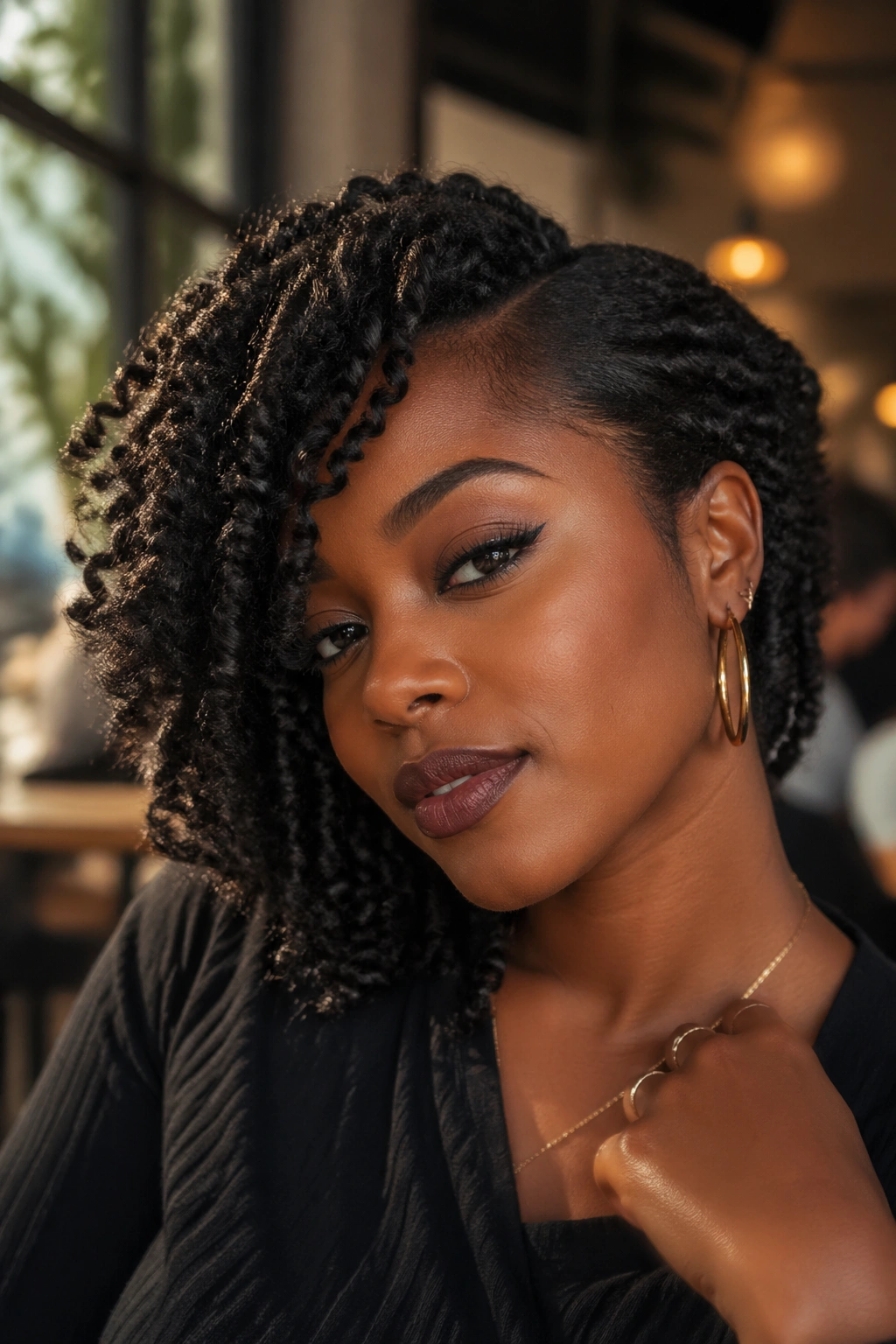 Close-up of a real woman with two-strand twist-out and side-swept volume