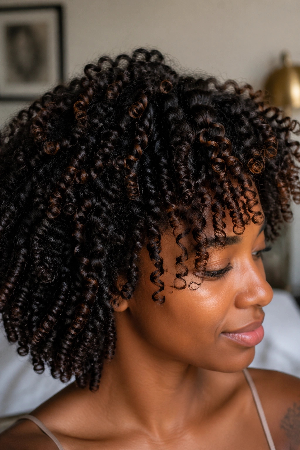 Portrait of a woman with twist-out base and wand curls