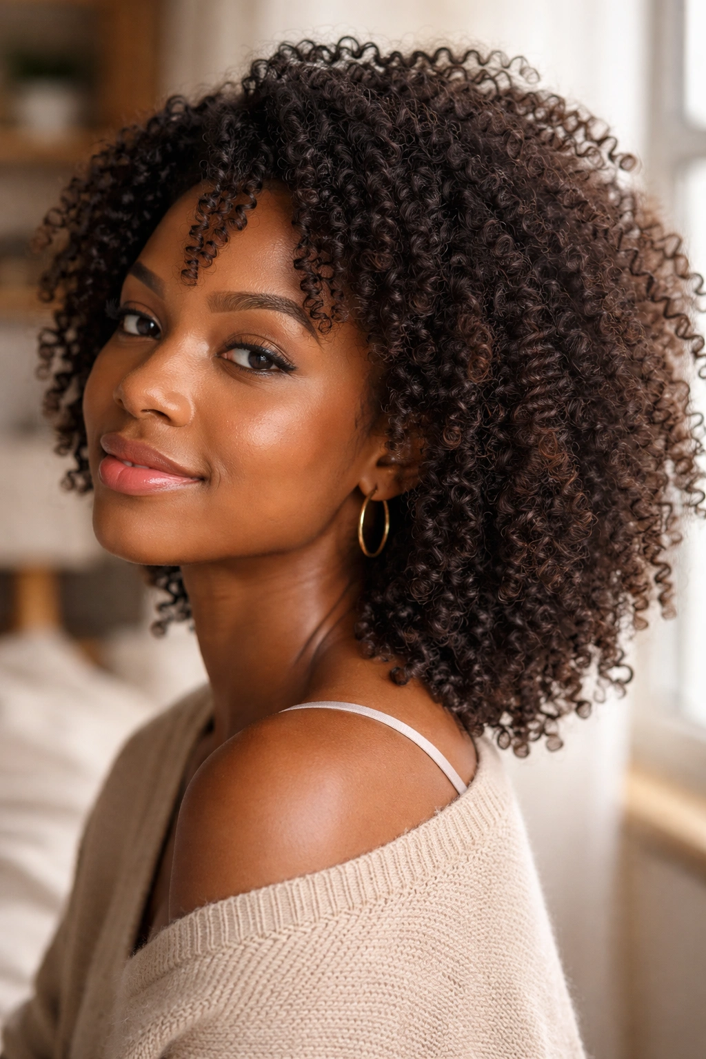 Close-up portrait of a real person with twist-out transitioning into a wash-and-go in warm bedroom light