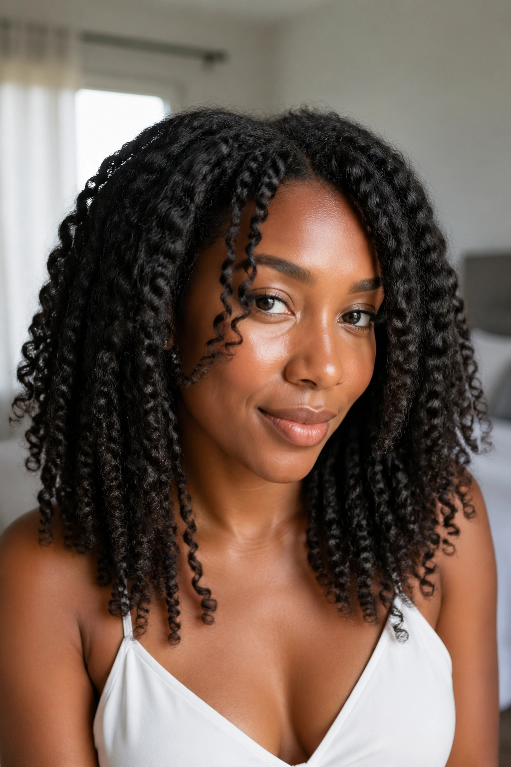Close-up of a real woman with twist-out waves, fully down