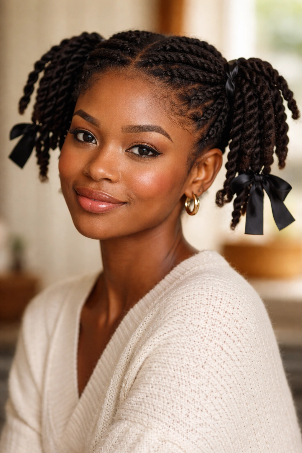 Real woman wearing twist pigtails with satin ribbons