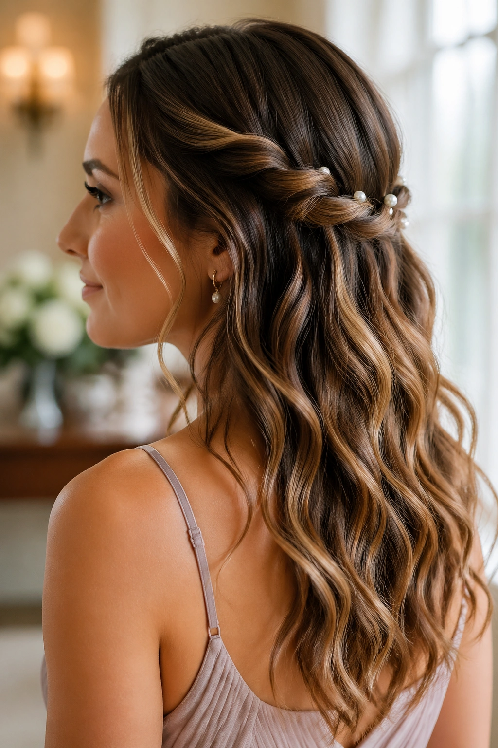 Close-up of Double Twist with Pearl Pins on a real woman in a bridal suite