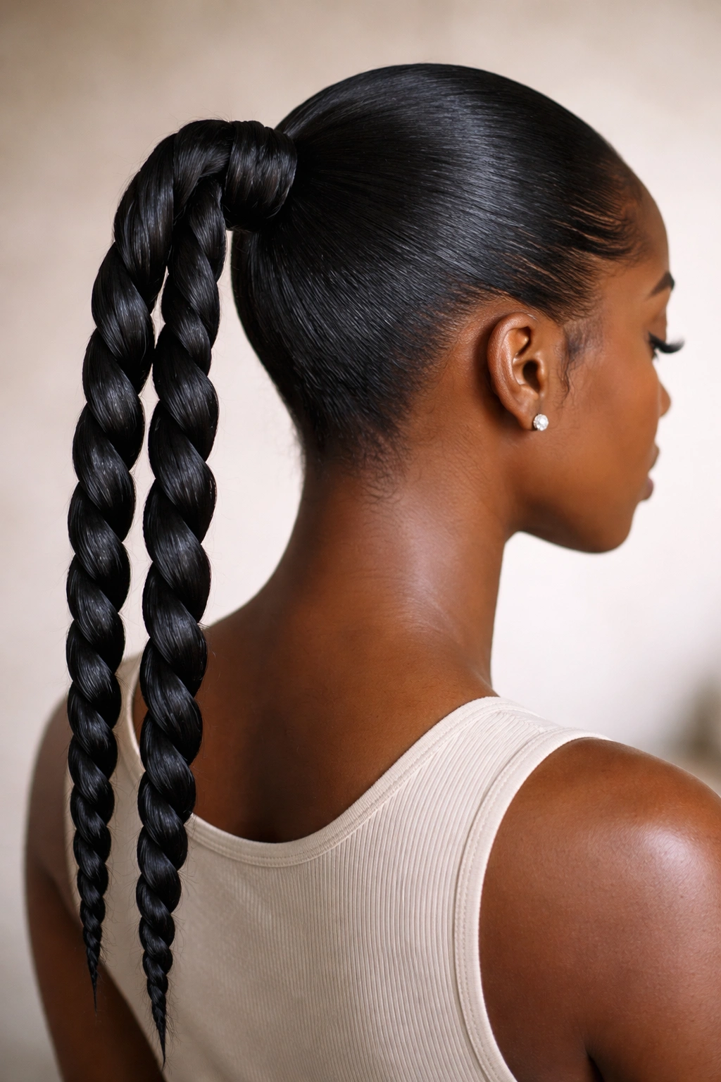 Close-up of a sleek two-strand twist ponytail with rope-like texture