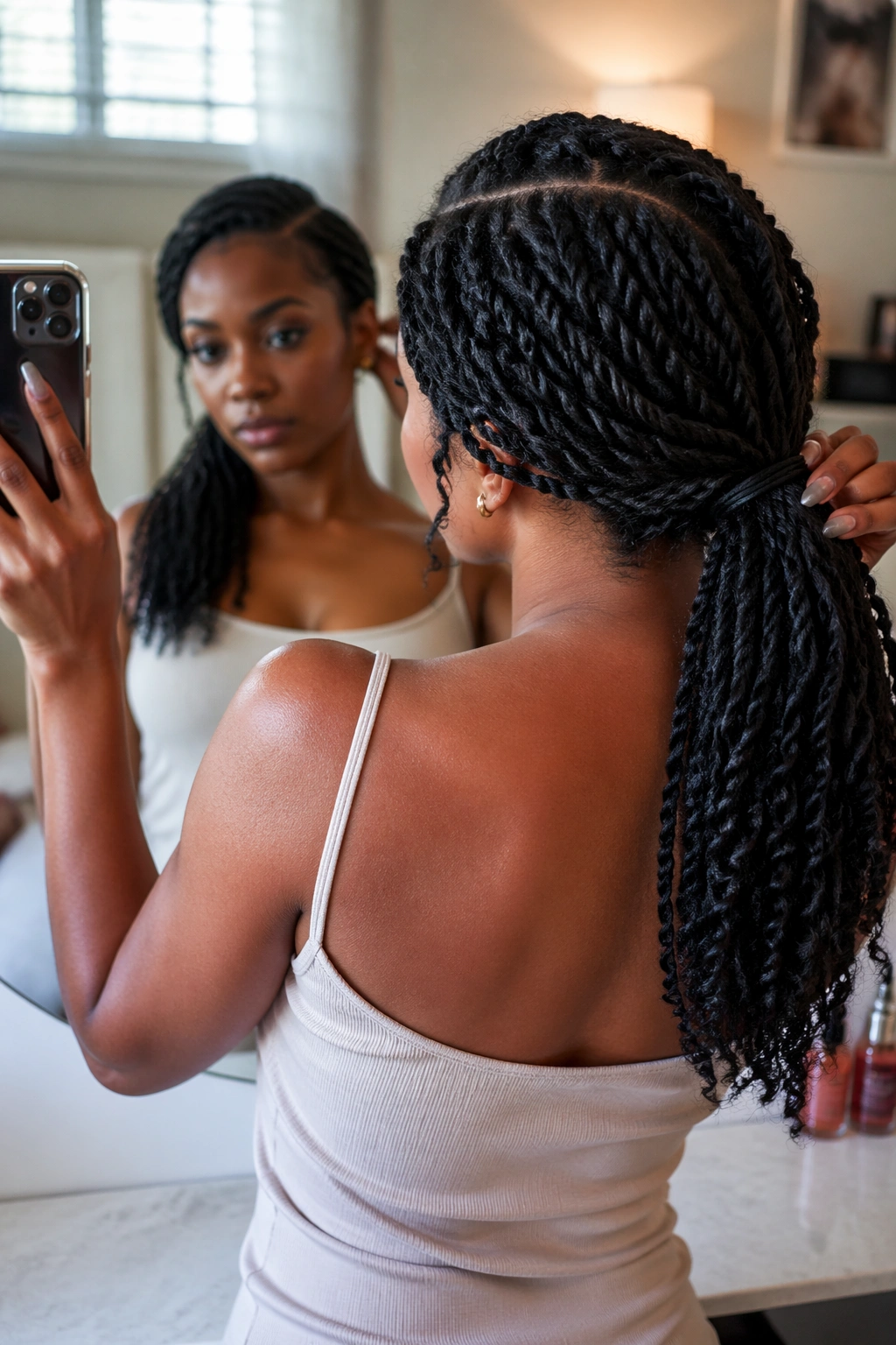 Over-the-shoulder twist ponytail in mirror selfie.