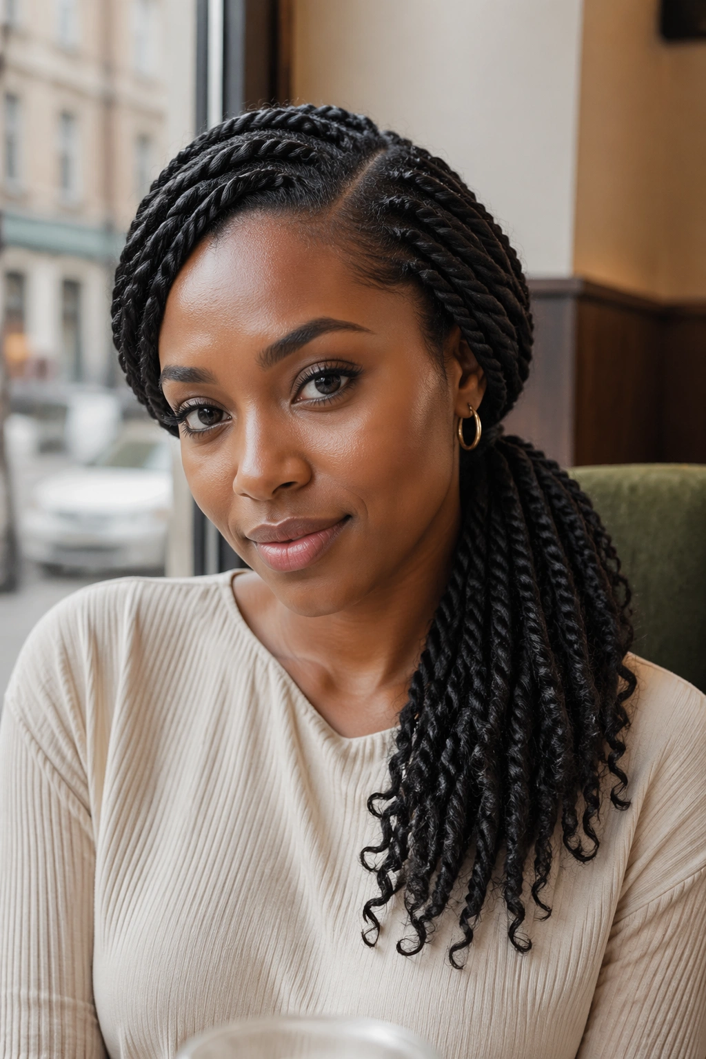 Close-up of a real woman with Low Side-Part Twist Ponytail showing deep side part and shoulder-over ponytail