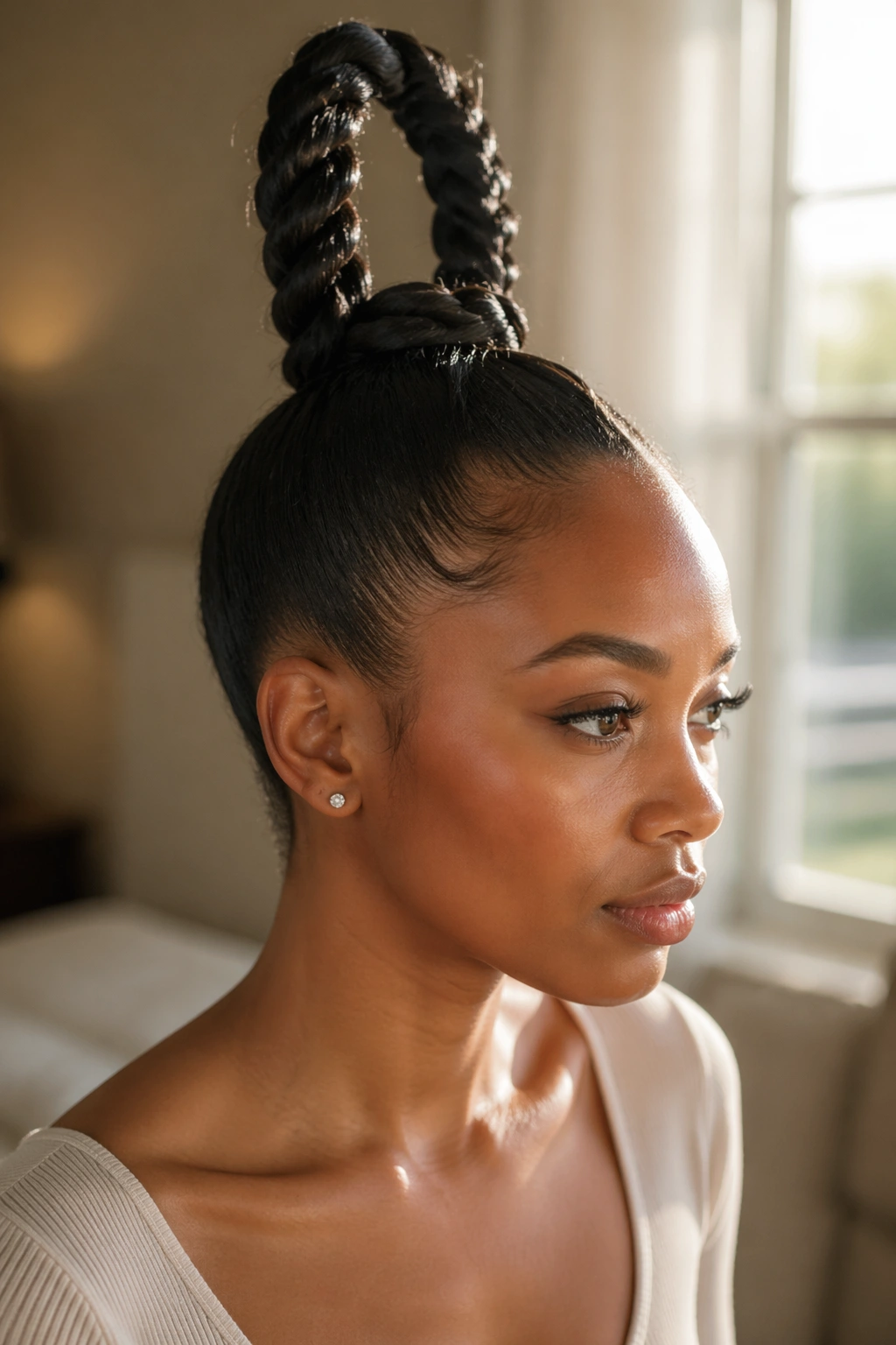 Close-up of a real woman wearing Sleek High Two-Strand Twist Ponytail with crown-height twist and smooth roots