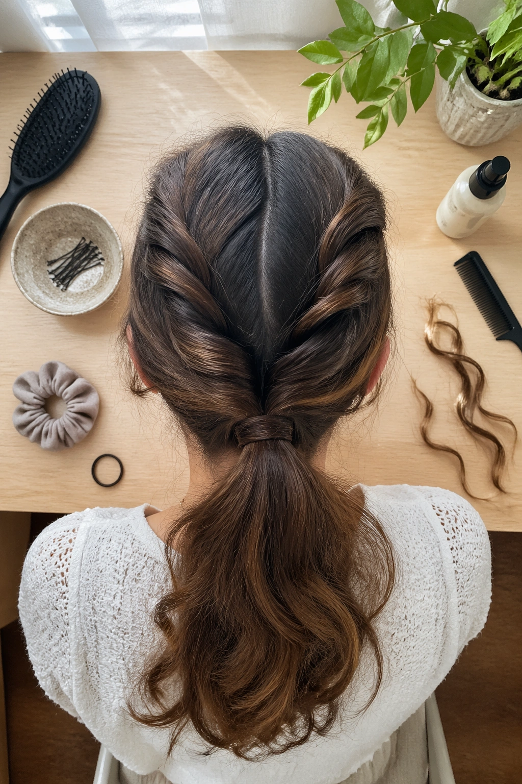 Overhead flat-lay of twisted low V ponytail with tools.