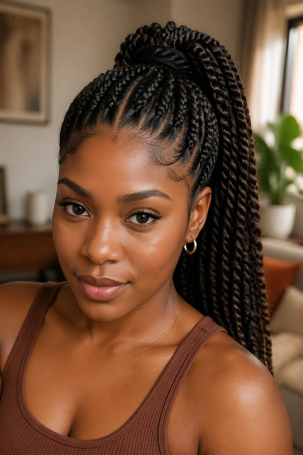 Close-up portrait of a real woman with a high twist braided ponytail and sleek middle part.