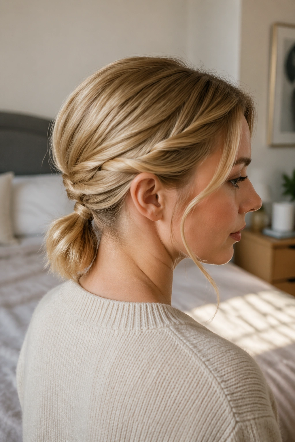 Medium close-up of a real woman showing a low twisted ponytail with hidden pins.