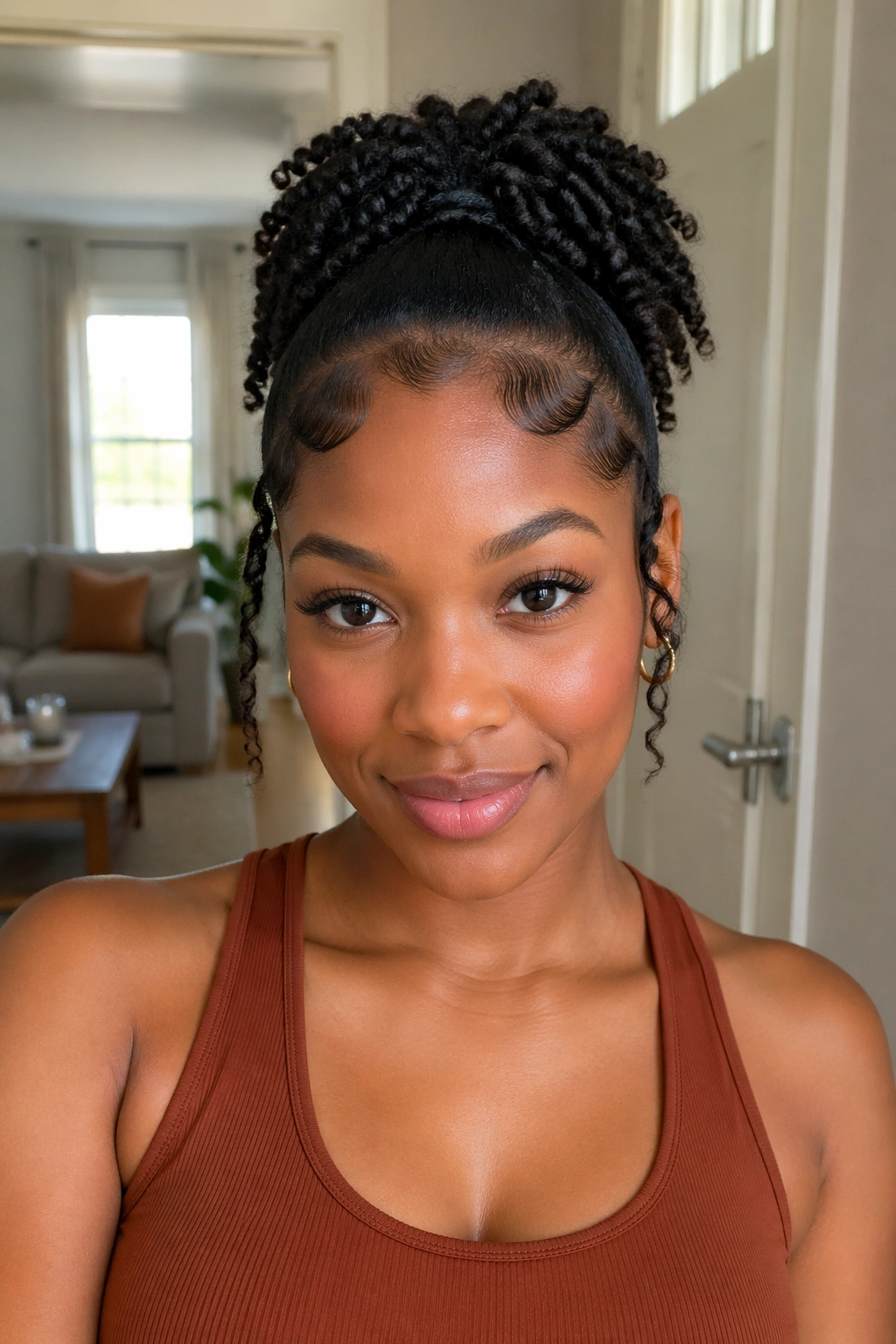 Front view of twist ponytail with swooped edges on a real woman